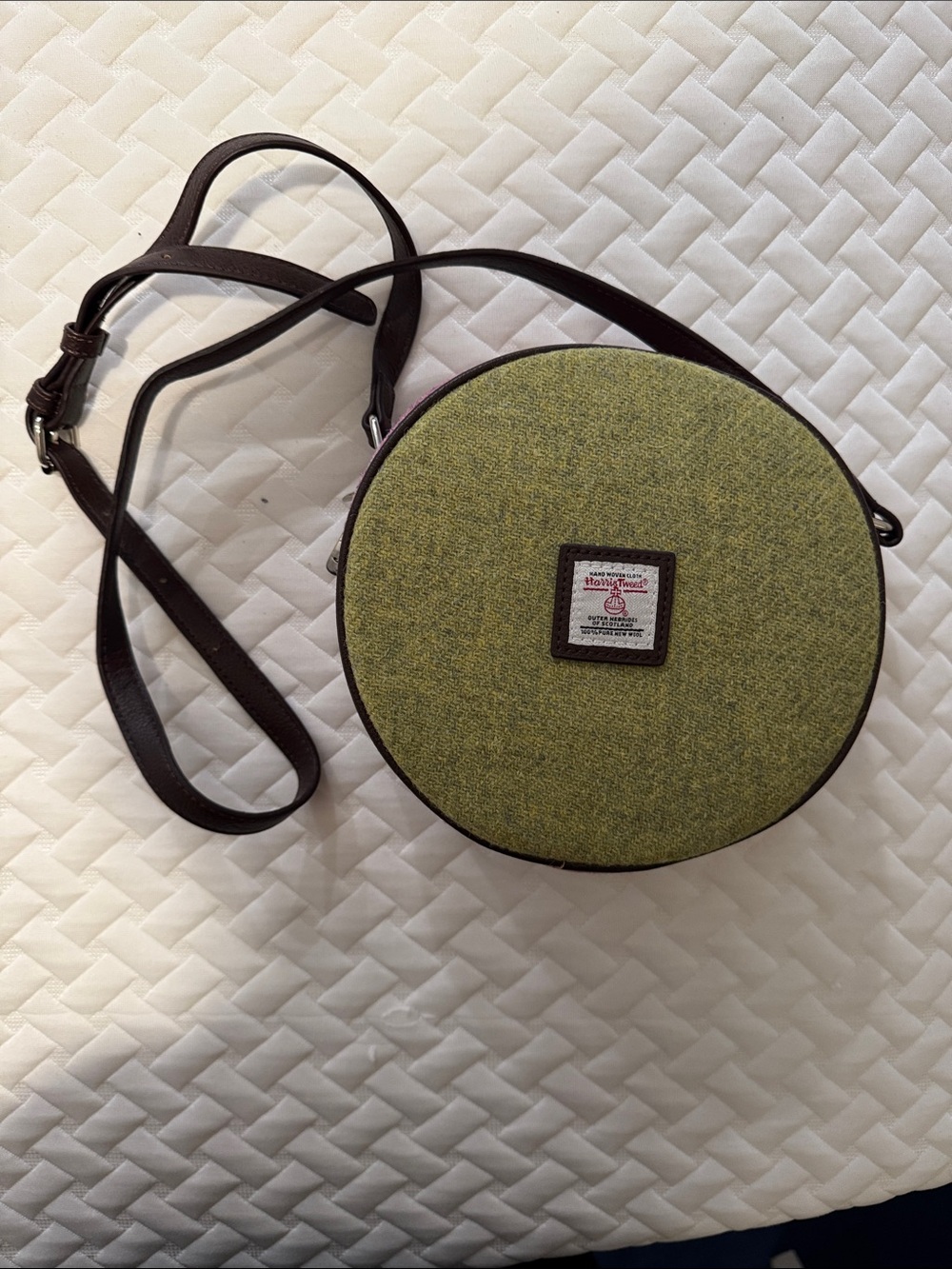 Round Green Crossbody Bag with Brown Strap